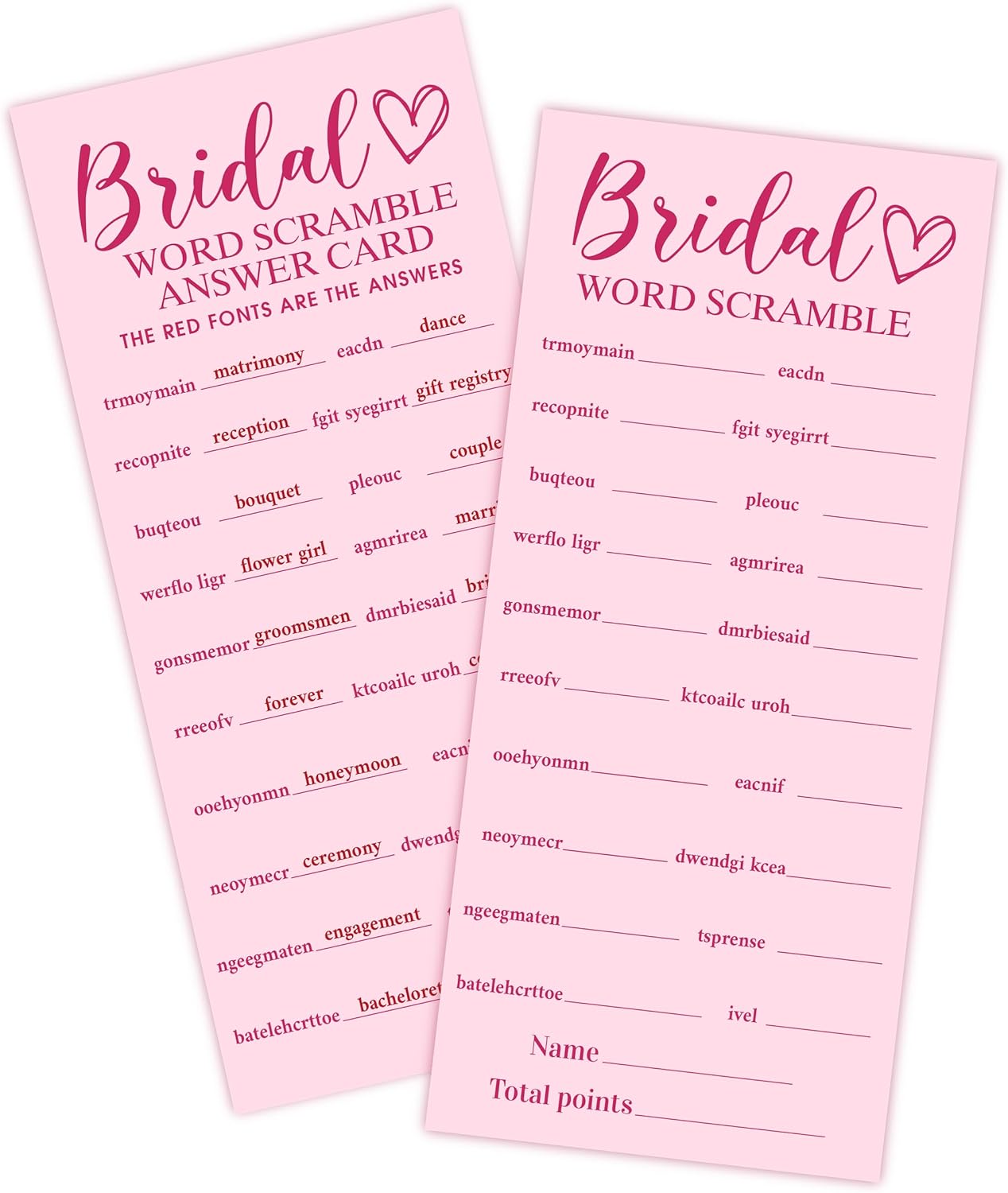 Pink Wedding Shower Games Cards, Bridal Word Scramble, 25 Game Cards with 1 Answer Card, 4x9, Bride Wedding Receptio Supplies, Engagement Party Supplies-A06