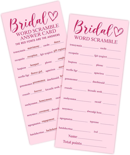 Pink Wedding Shower Games Cards, Bridal Word Scramble, 25 Game Cards with 1 Answer Card, 4x9, Bride Wedding Receptio Supplies, Engagement Party Supplies-A06
