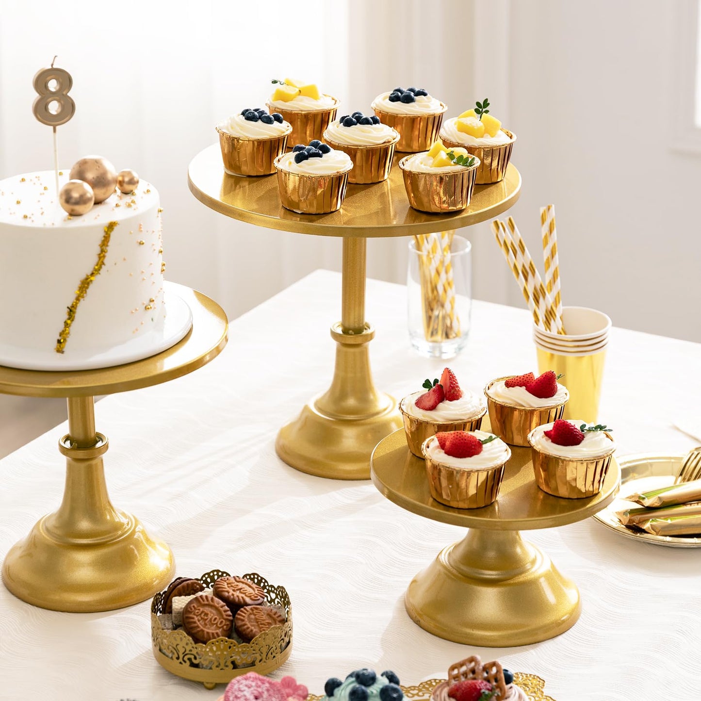HBlife 3 PCS Gold Cake Stand Set (8"/10"/12" Cake Plate), Metal