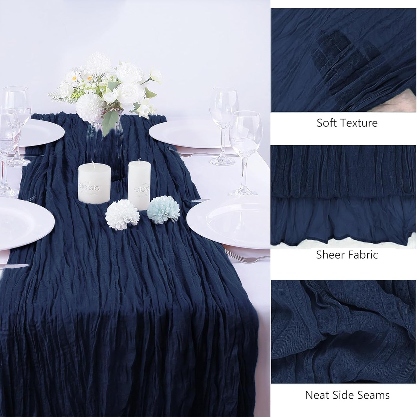 Boho Gauze 16PCS Navy Blue Cheesecloth Table Runners - 35x120Inch Long Rustic Sheer Table Decor for Wedding, Party, Baby, Bridal Shower