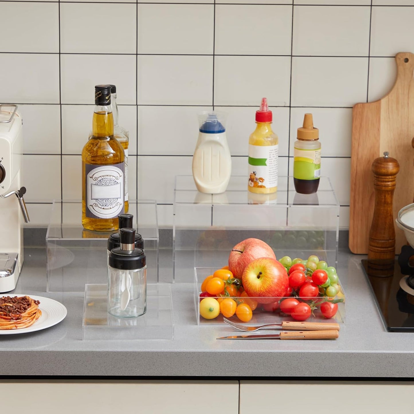 Leinuosen 7 Pcs Large Buffet Risers Set 6" to 12" Acrylic Display Box Catering Dessert Table Riser Food Display Decorative Stand with Hollow Bottom for Catering Supplies(Clear, Rectangle)