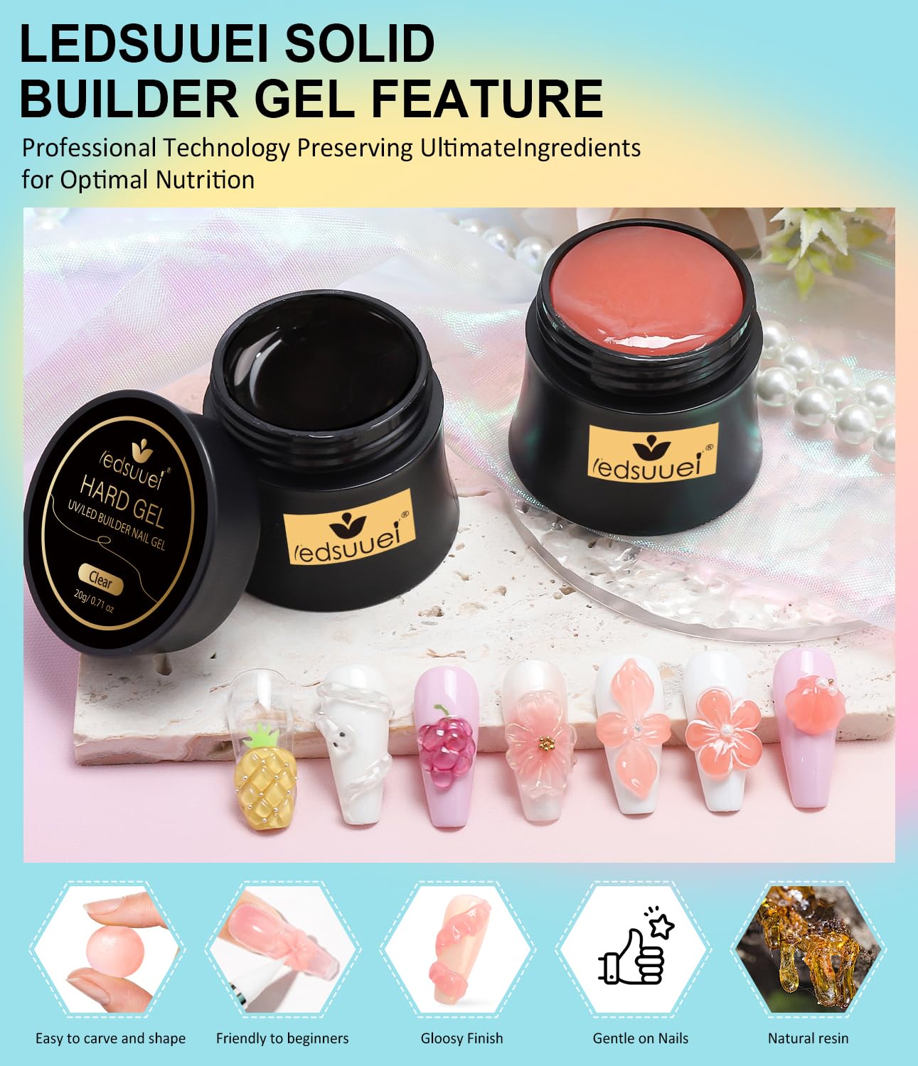 Solid Builder Gel for Nails LEDSUUEI - 2 Color Clear Nude 3D Nail Gel Sculpting Non-Sticky Hand Carving Glue Extension for Manicure Salon Home Decoration DIY 20g