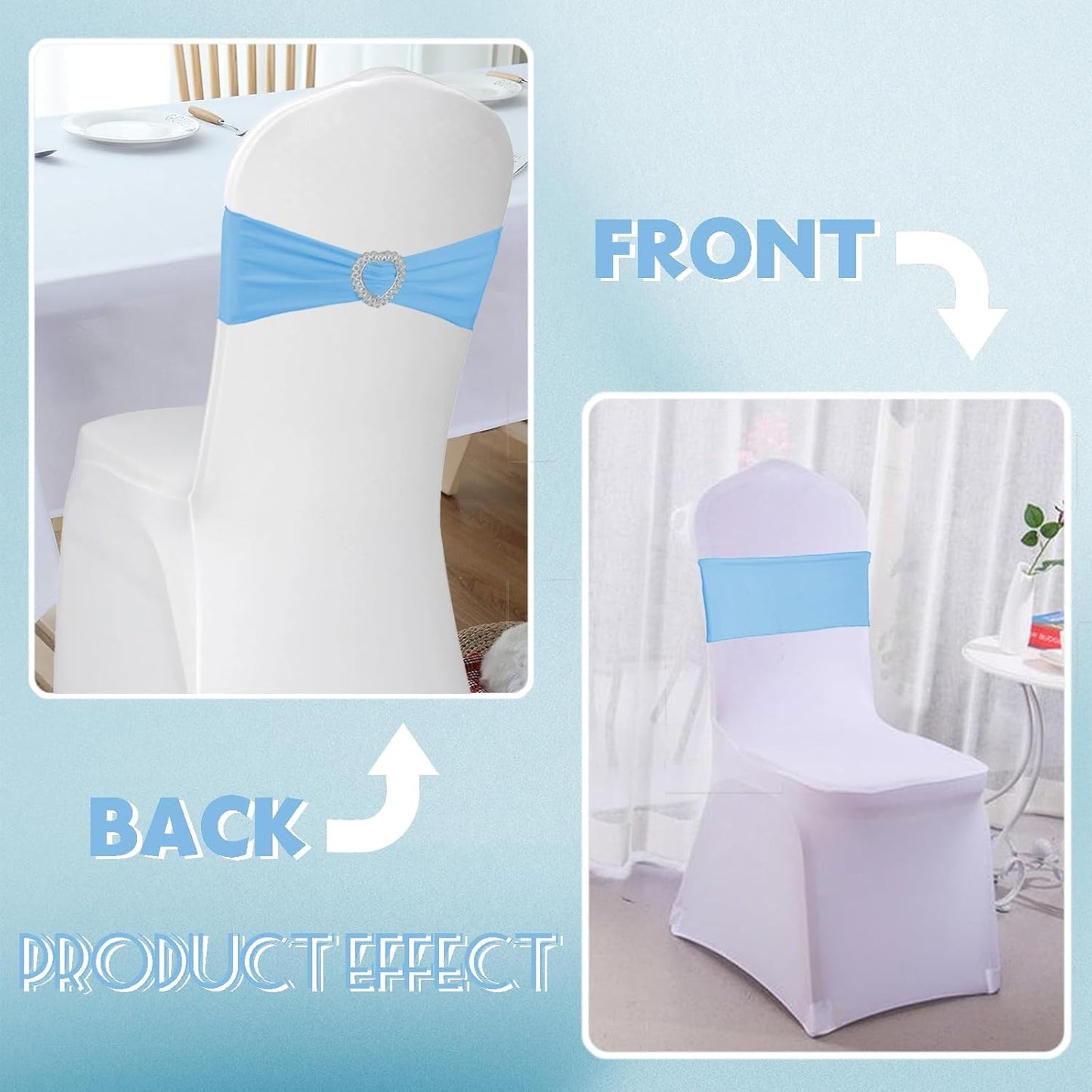 100 Pack Spandex Stretch Blue Chair Sashes Bows Universal Elastic Light Blue Chair Cover Bands Ties with Buckle Slider for Wedding Party Banquet Ceremony Reception Event Decorations