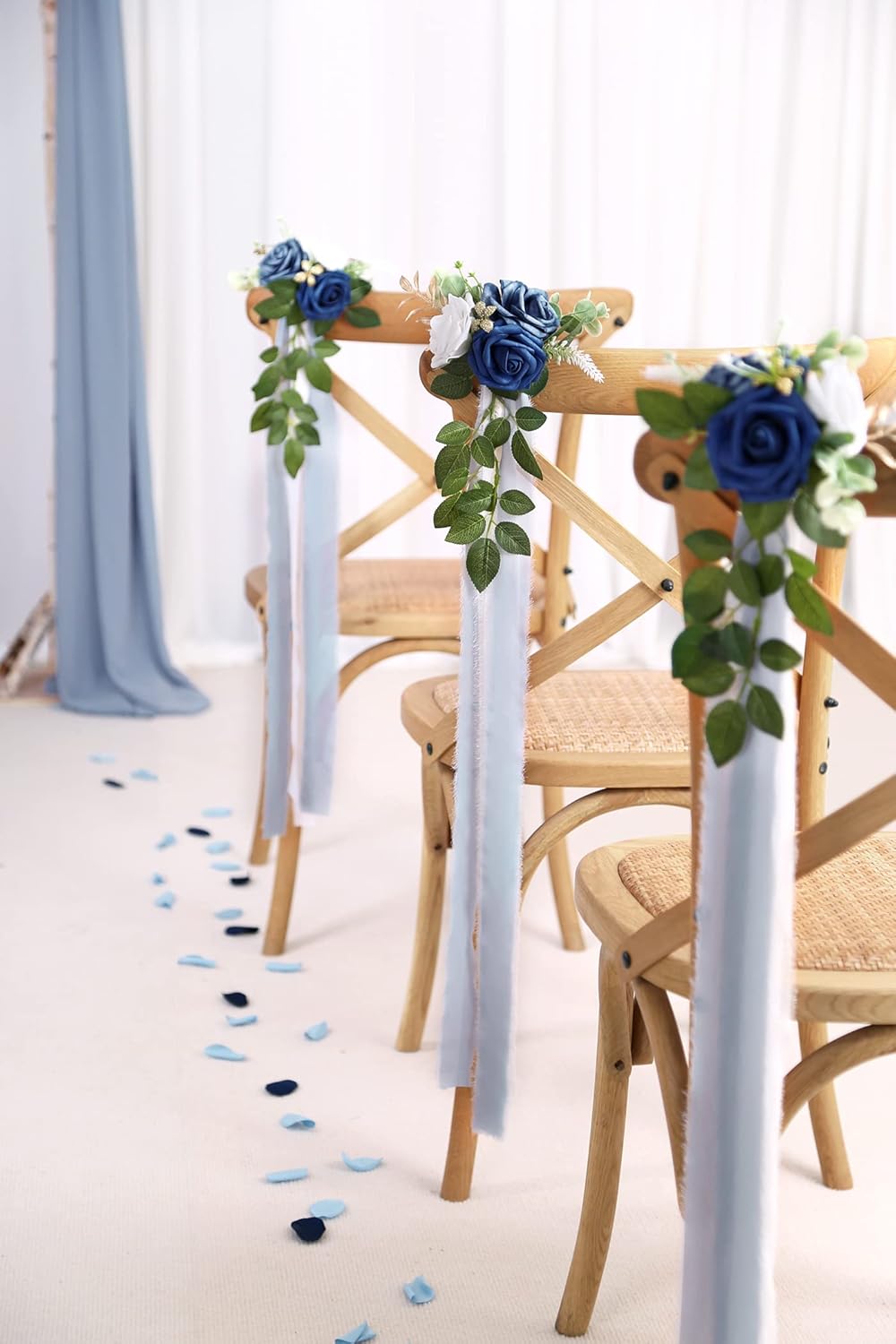 Wedding Aisle Decorations for Wedding Ceremony Set of 10 Pew Flowers for Church Chair Decorations Party Decor with Artificial Flowers Eucalyptus and Ribbons Blue