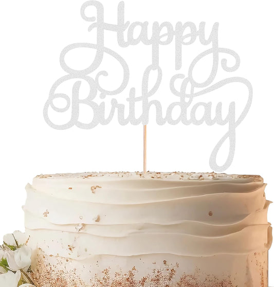 Happy Birthday Cake Topper - Silver Glitter Birthday Party Cake Decoration Supplies - Happy Birthday Cake Decor, for Anniversary/Birthday Party Supplies Photo Booth Props