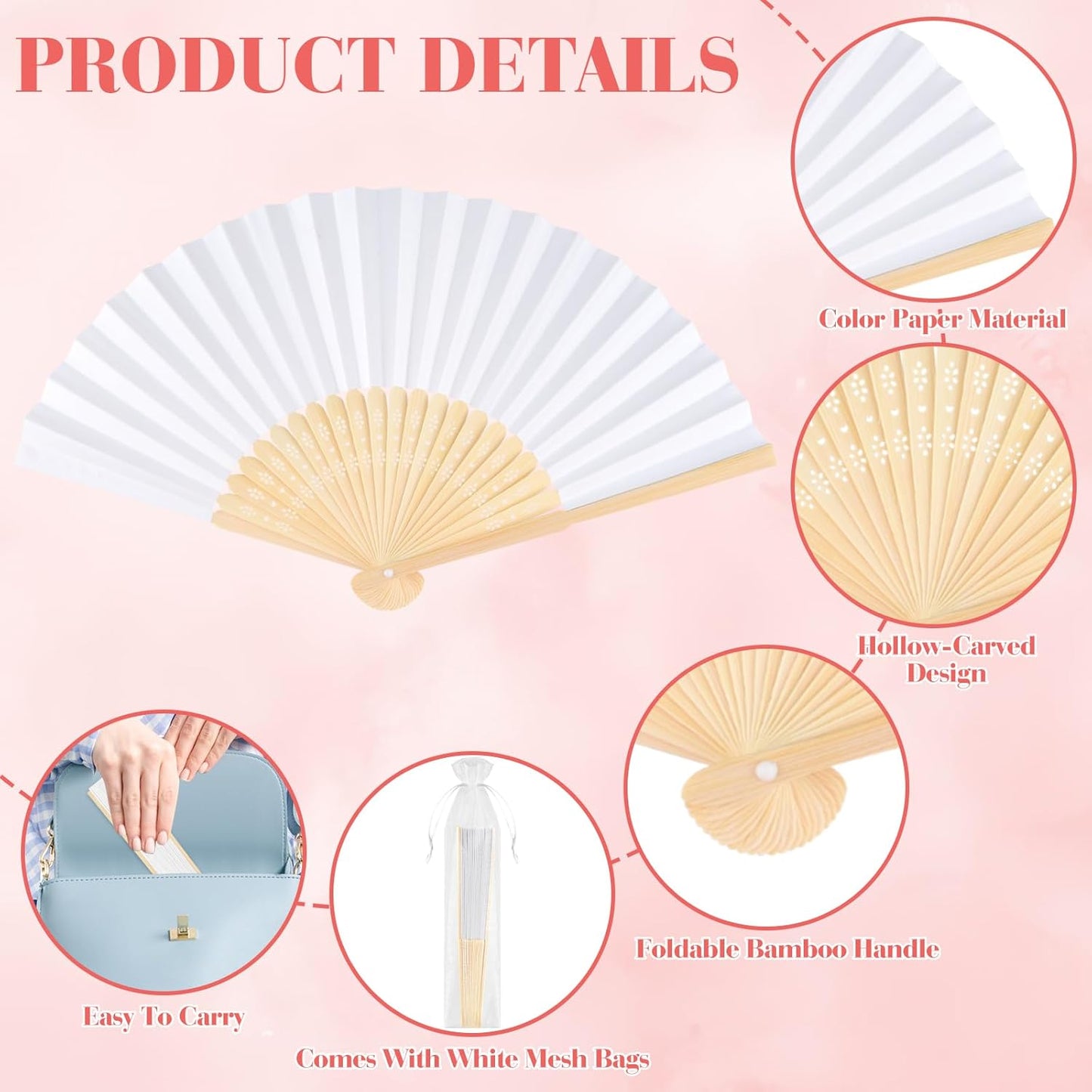 12 Pieces White Hand Held Bamboo Folding Fans Paper Fans Handheld for Women Foldable Girls Wedding Decoration Church Home Party Favors Summer