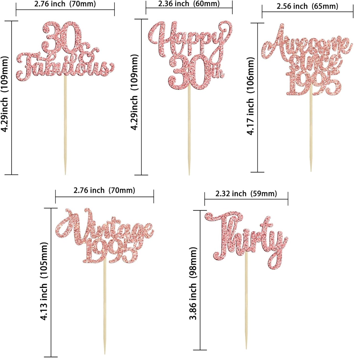30Pcs Vintage 1995 Cupcake Toppers Glitter Thirty 30 Fabulous Happy 30th Birthday Cupcake Picks Cheers to 30 Years for 30th Birthday Anniversary Party Cake Decorations Supplies Rose Gold