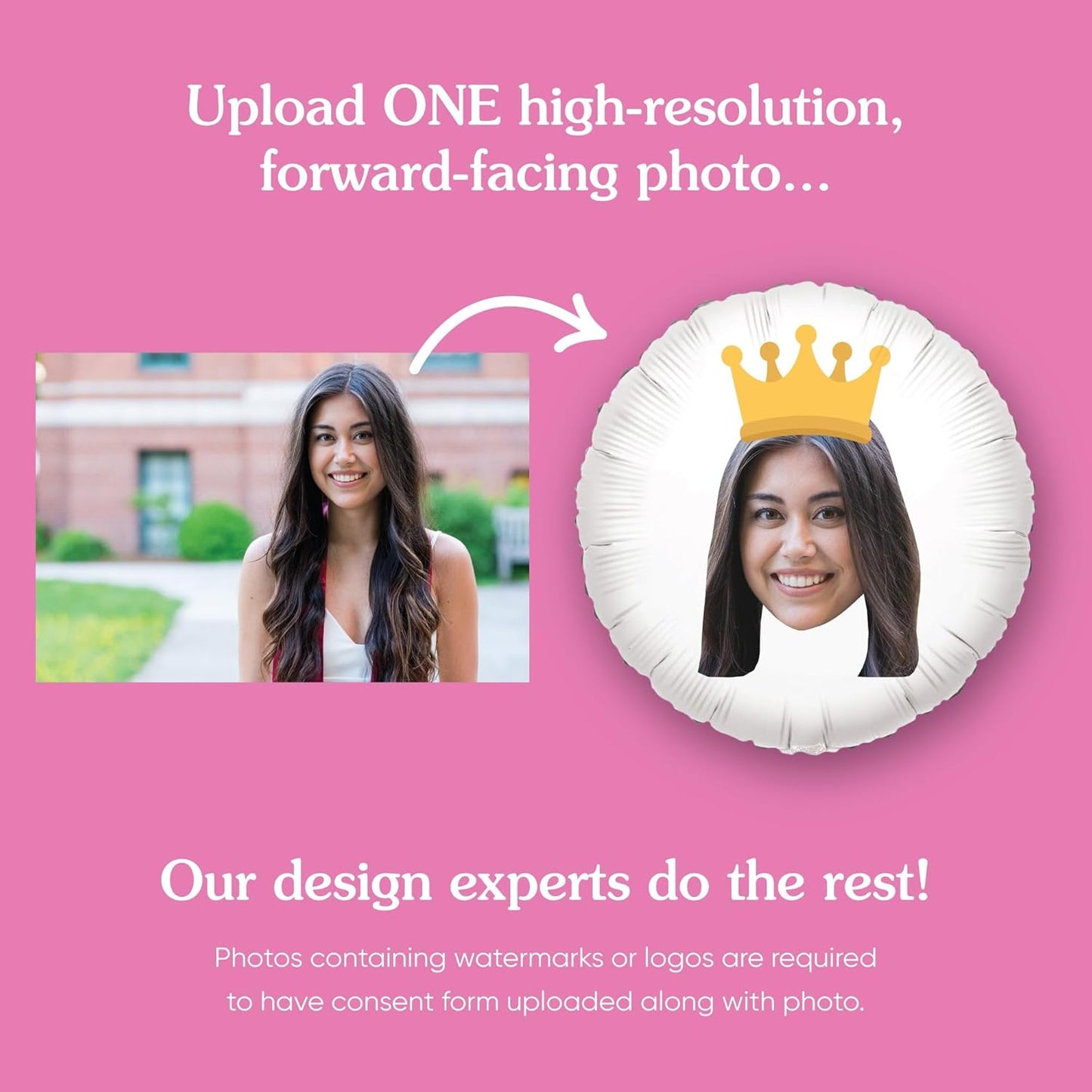 Big Dot of Happiness Personalized Crown Fun Face Photo Balloon, Kids Royal or Princess Birthday Party Decorations, Custom Double-Sided Circle Mylar, 1 Piece