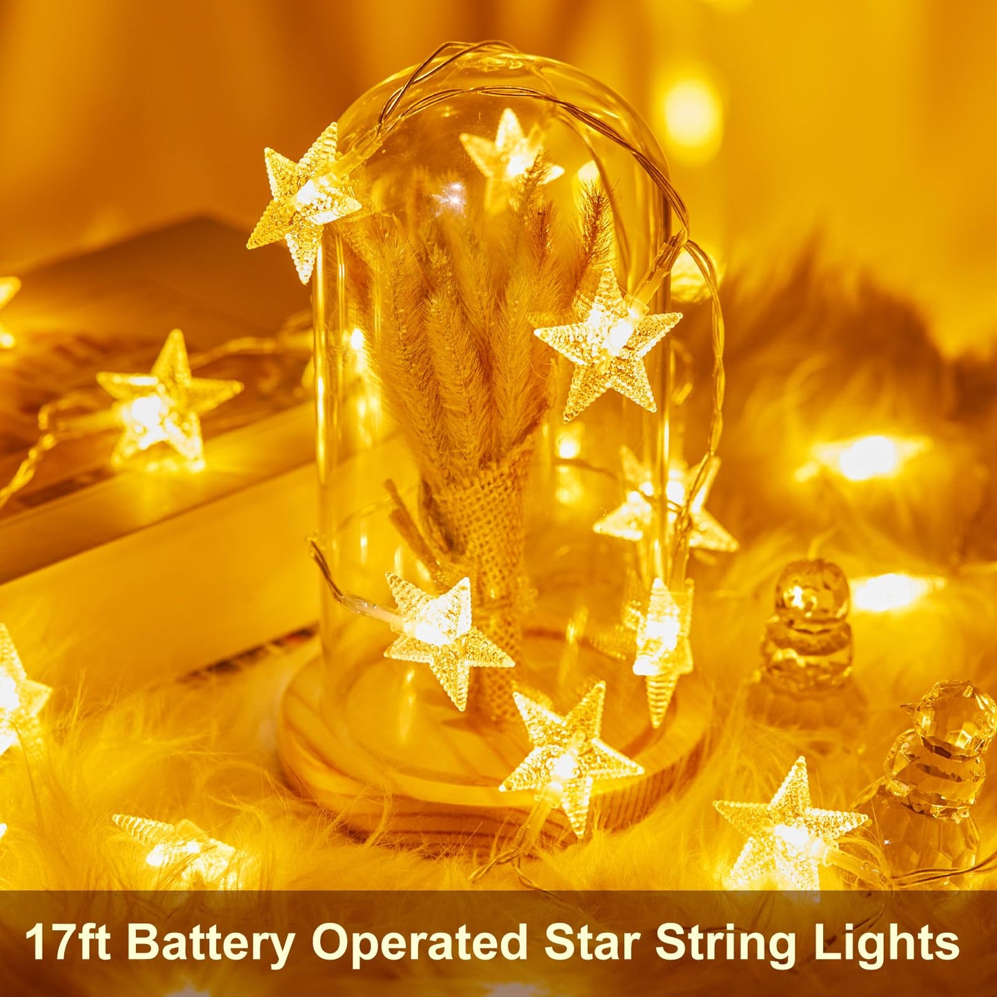 Minetom Star String Lights Battery Operated - 17 ft 50 LED Star Fairy String Lights with Timer