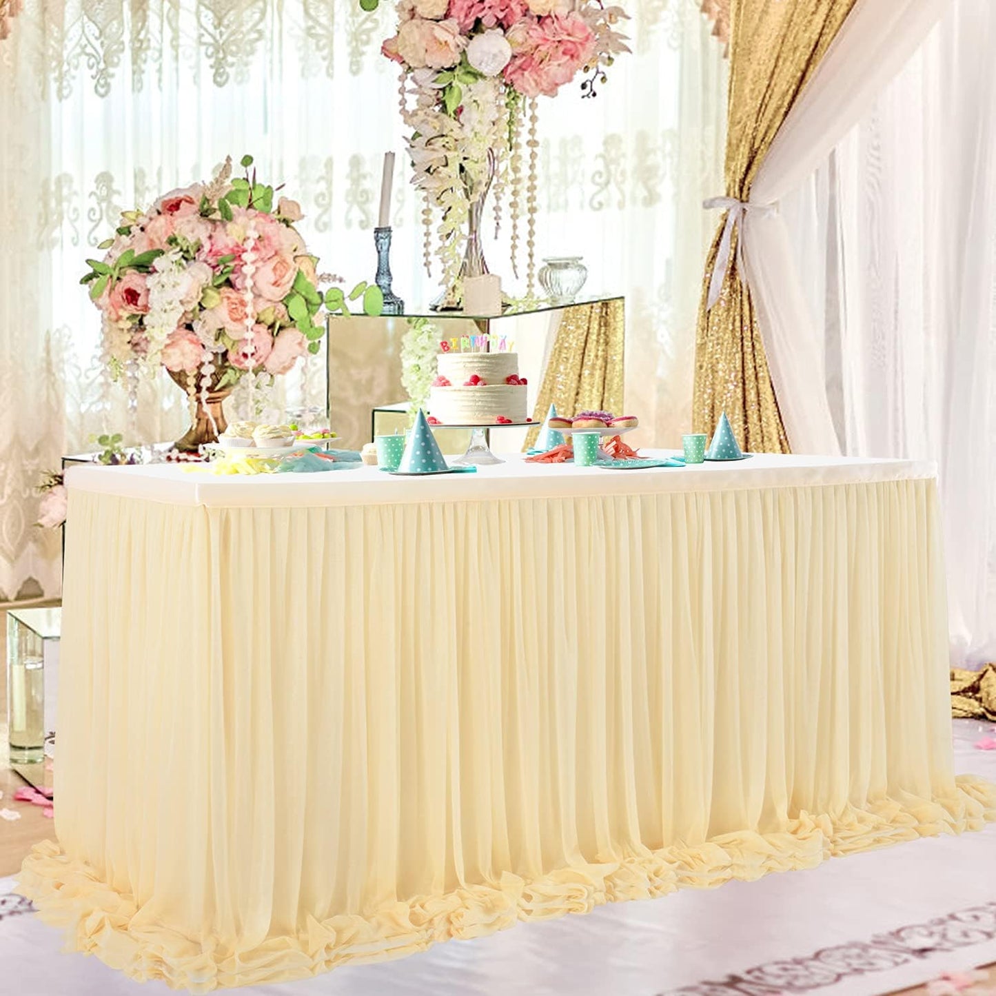 14ft Champagne Table Skirt Tulle Wedding Table Cloth Elegant Tutu Table Skirt Cover for Birthday Party Baby Shower Dessert Buffet Banquet Table Decorations