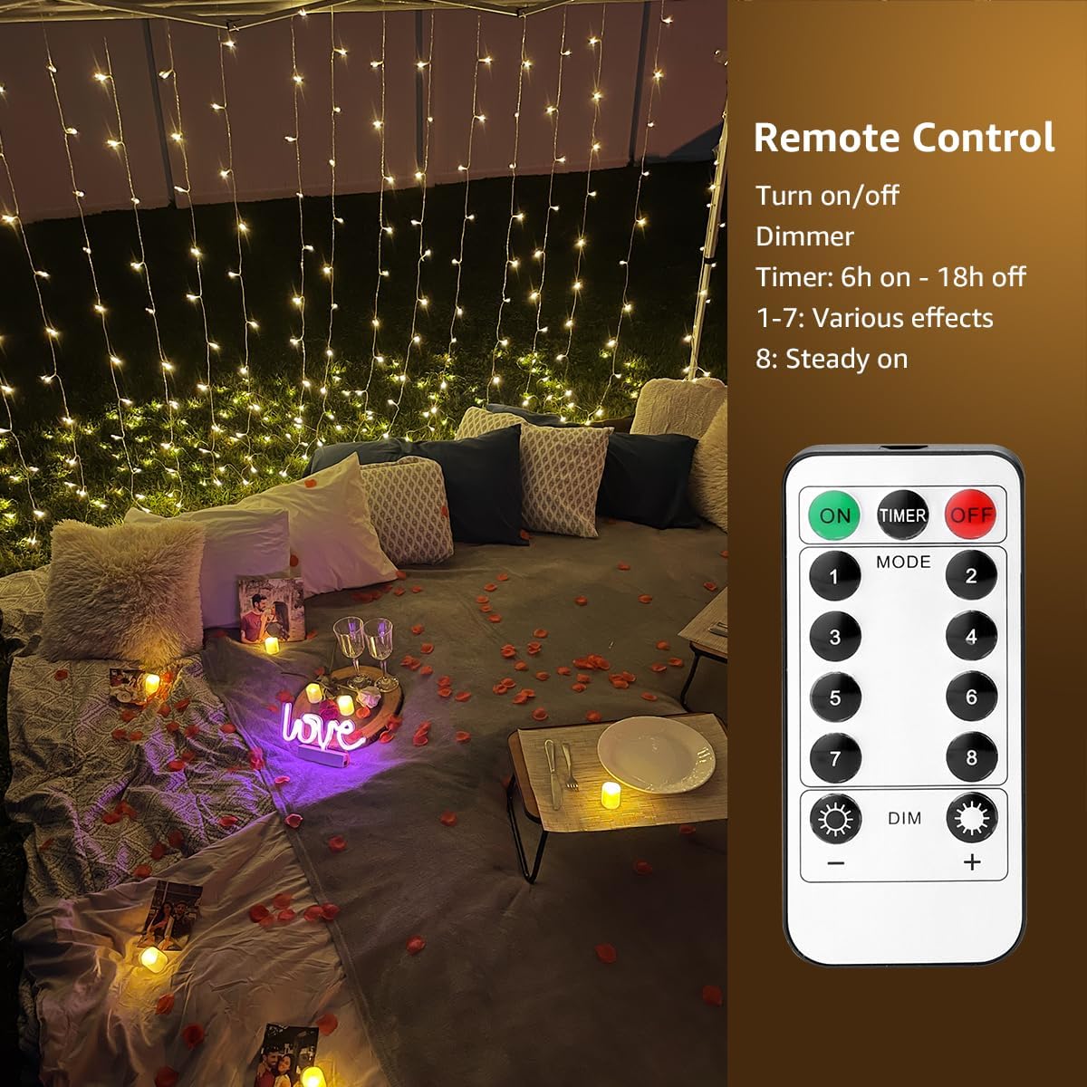 LE Fairy Curtain Lights Battery Operated & USB Plug in, Remote 10 x 10 ft Hanging String Lights for Bedroom Wall, 300 LED Indoor Outdoor Twinkle Lights for Wedding Party Backdrop Tent, Patio, Gazebo