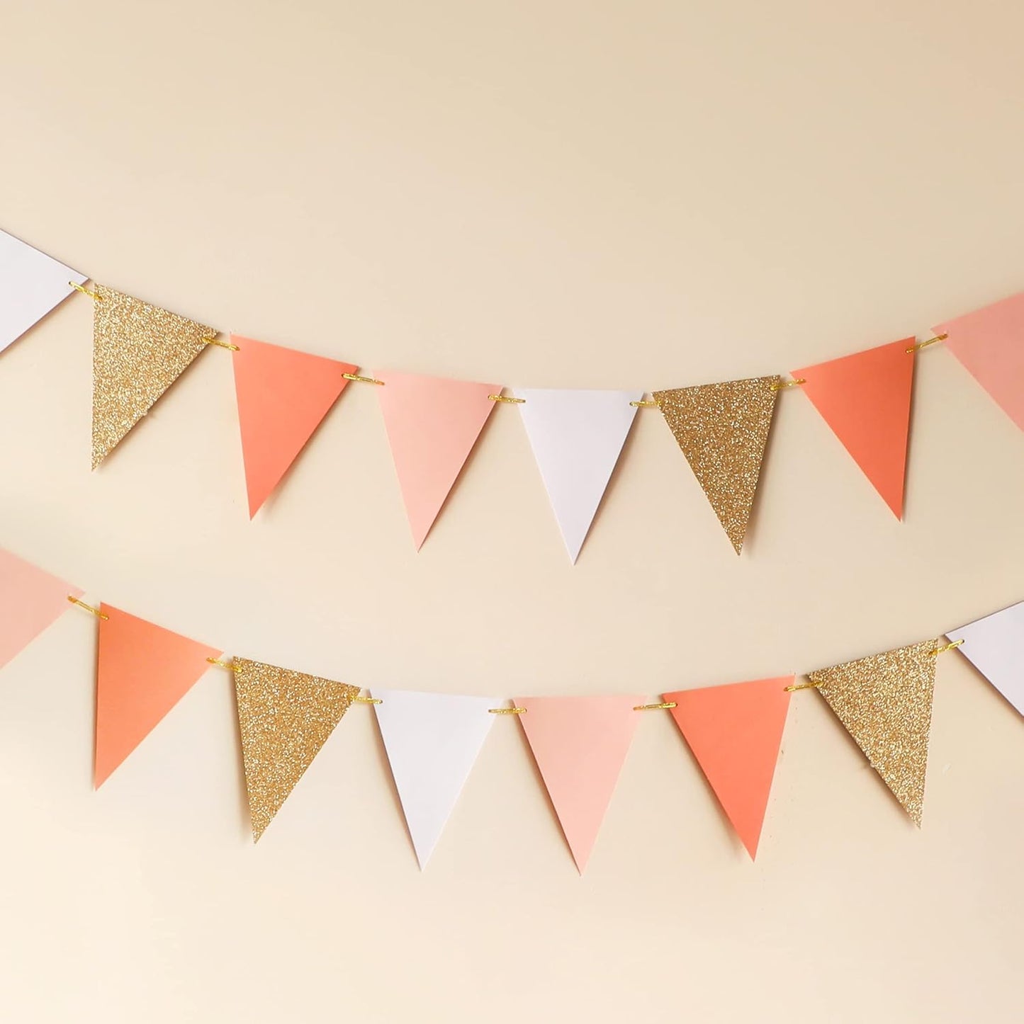 Fonder Mols 10-feet Vintage Flags of Paper Pennant Banner, Triangle Flags Bunting Banner Garland for Boho Wedding, Baby Shower, Girl Room Nursery Decoration (Ivory+Pink+Rose Gold Glitter)