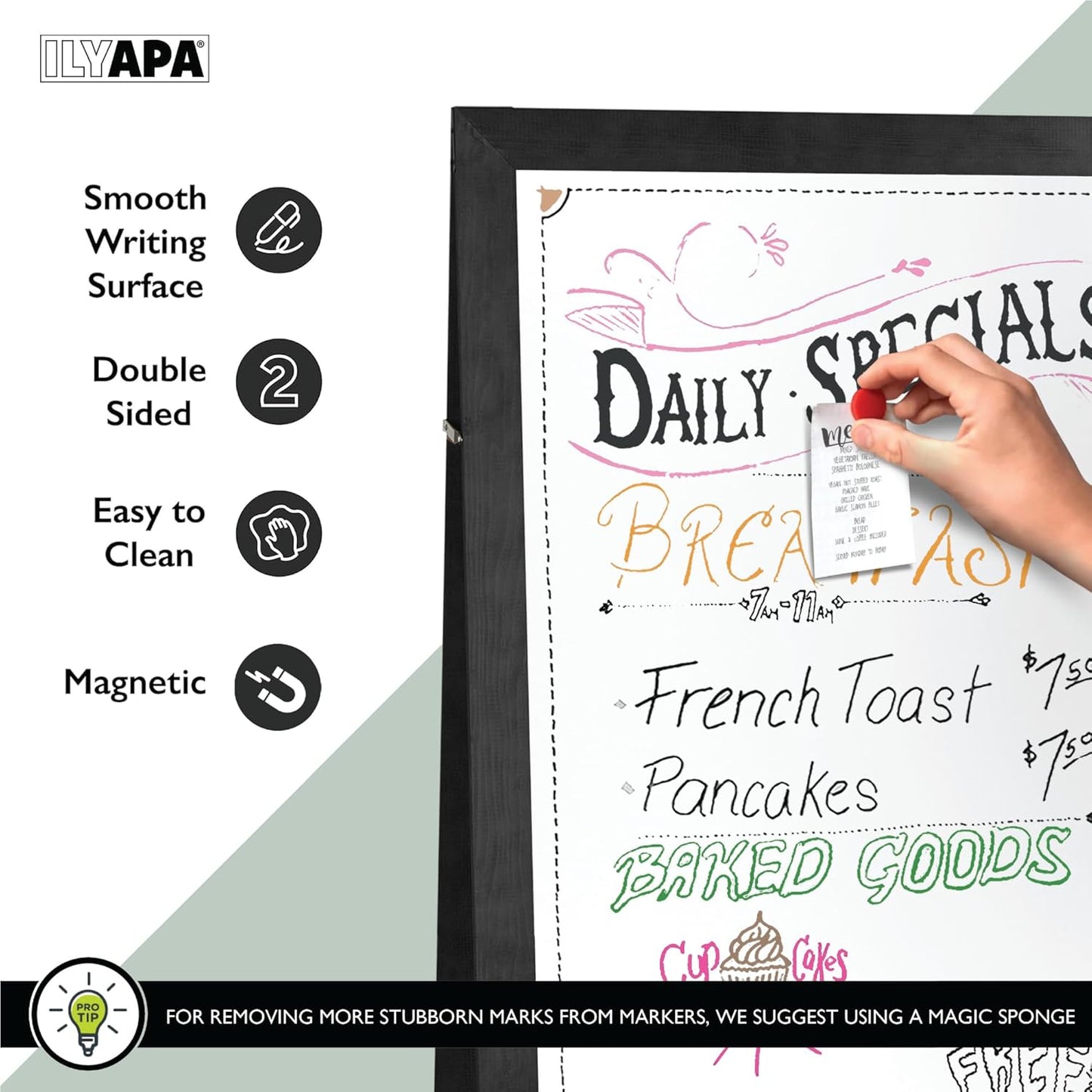 Ilyapa Wooden Dry Erase A Frame Sign - Magnetic Whiteboard Sidewalk Menu Board Outdoor - Menu Display for Restaurant, Food Truck - 58x27 inch - Black
