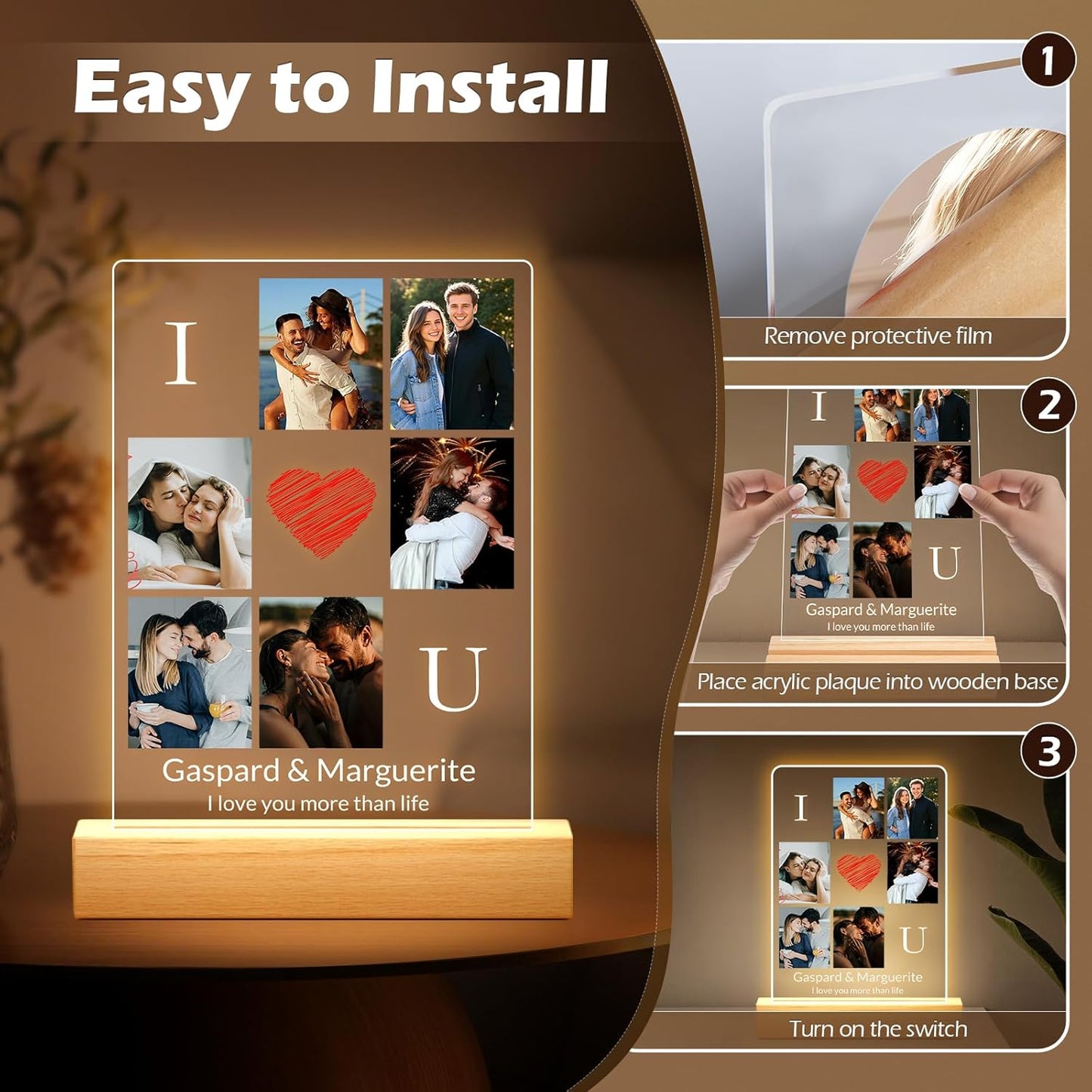 Personalized Photo Frame with Night Light, Custom Picture Frames with Photo, Customized Acrylic Plaque Frame, Personalized Anniversary Birthday Gifts for Women, Men, Him, Her, Couple, Husband, Wife