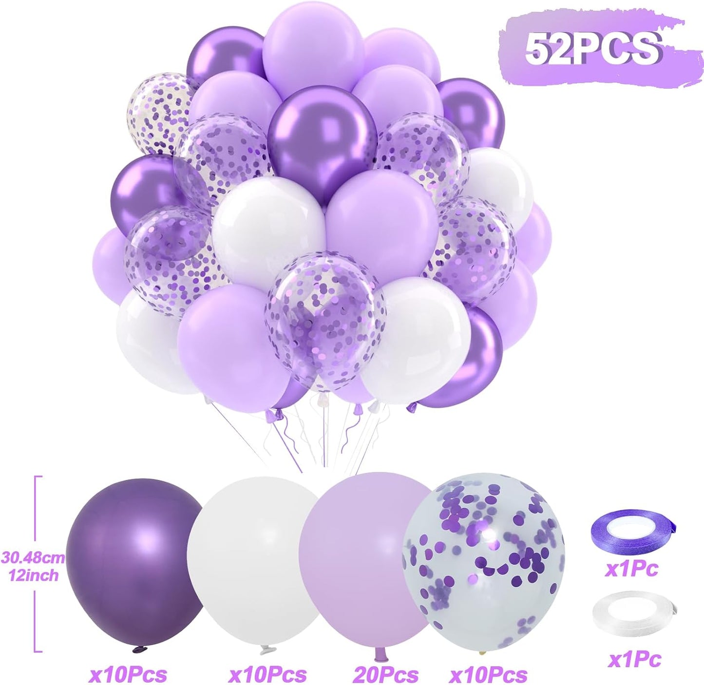 Patimate Lavender Purple Balloons Set, 50 pcs 12 inch Metallic Purple Lavender Lilac Confetti Latex Balloons Kit for Birthday Baby Shower Wedding Party Decorations
