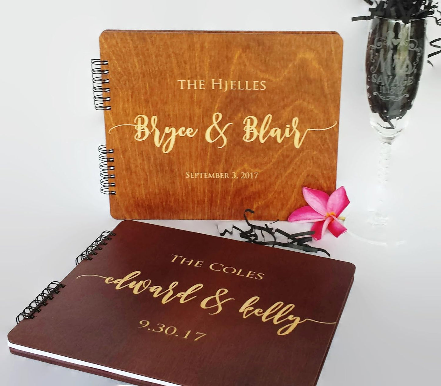 Wooden Wedding Guest Book (8.5"x 7" Mahogany Stain) Personalized Wood Rustic Charm Engraved for Bride and Groom Vintage Monogrammed Unique Anniversary Bridal Guest Registry Guestbook Made in USA