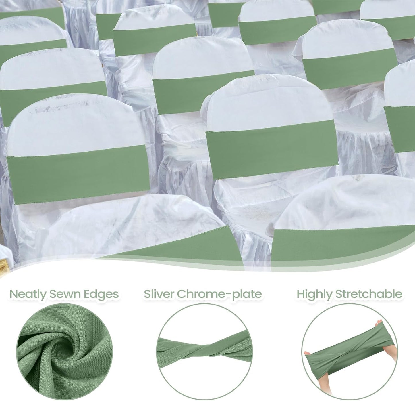 Kinlop 50 Pcs Spandex Chair Sashes Bows Chair Bands Slider Sashes for Covers Elastic Bands Ties Without Buckle Decorations for Wedding Party Events Ceremony Birthday(Sage Green)