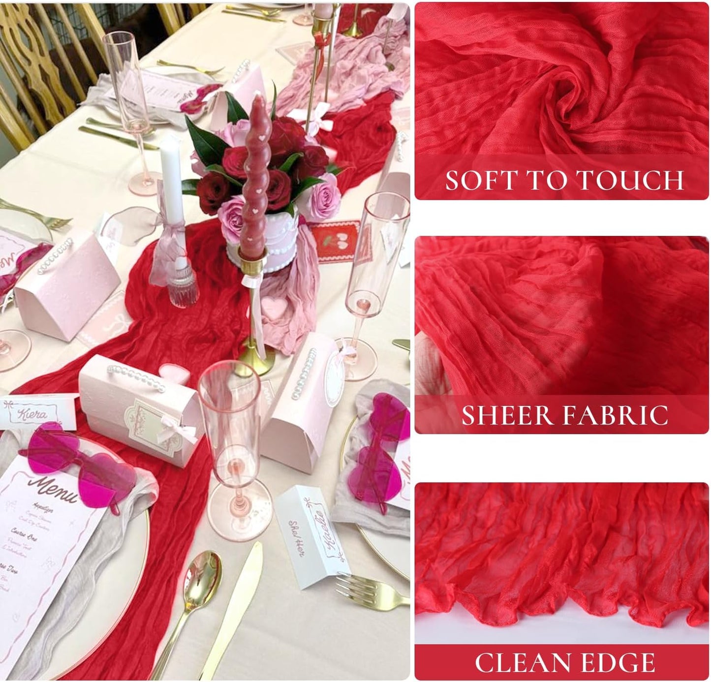 3 Pack Red Cheesecloth Table Runner Gauze Christmas Table Runner 35x120 Inch Rustic Boho Cheese Cloth Sheer Runner for Wedding Baby Shower Bridal Shower Birthday Party Holiday Decorations