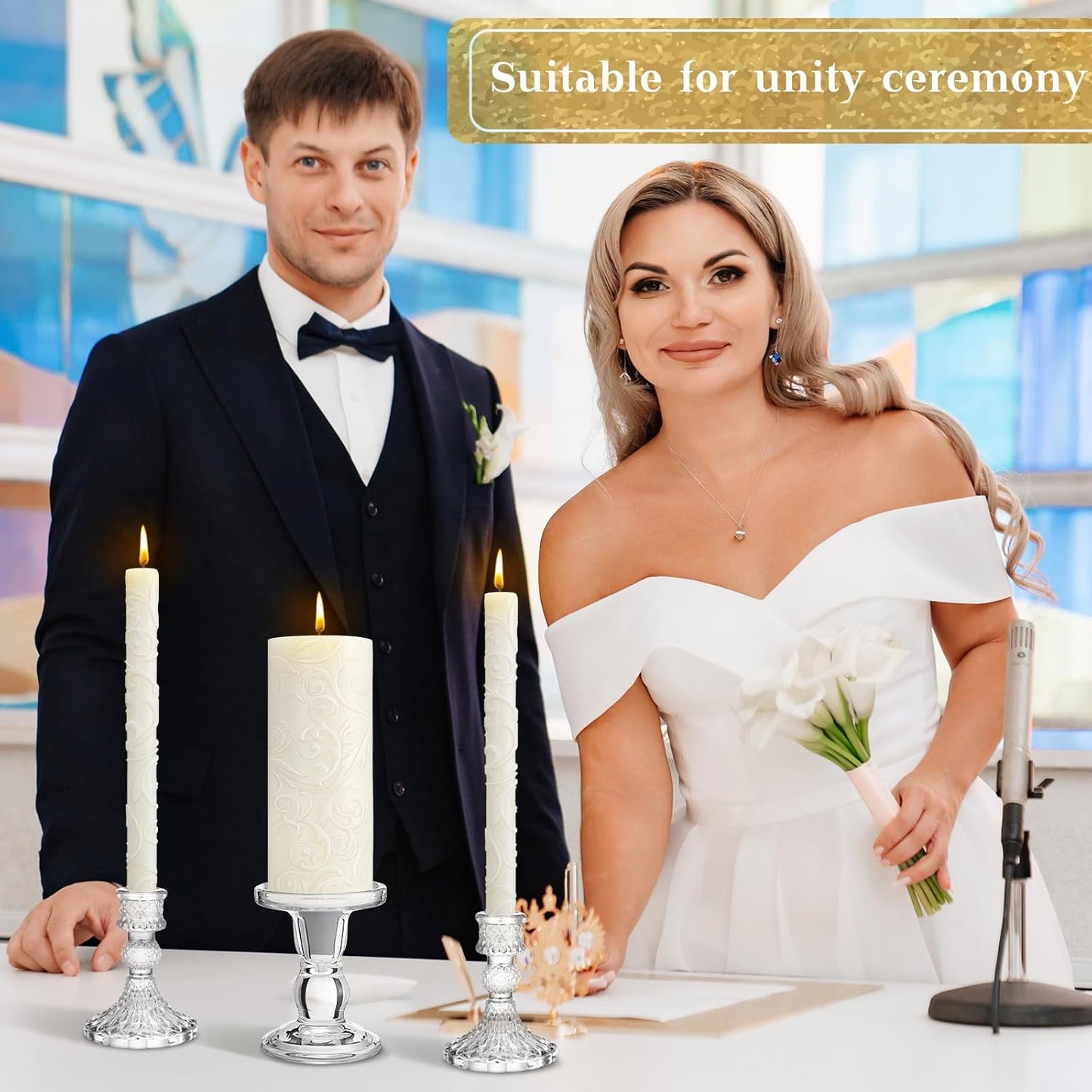 Irenare Unity Candles with Holder for Wedding Ceremony Wedding Decortions Accessories Glass Candle Holder Pillar Candle for Formal Events Church (Delicate)