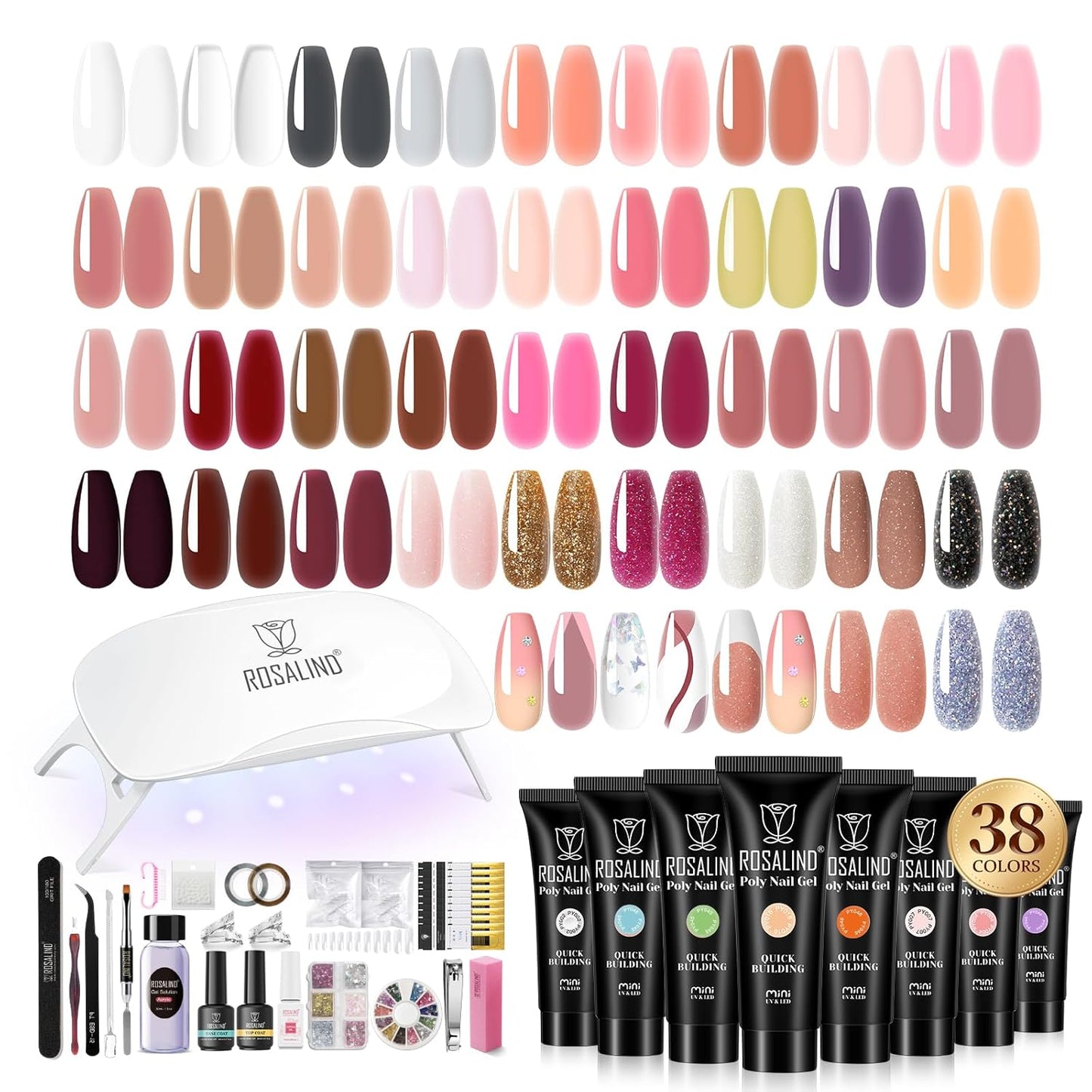 ROSALIND Poly Nail Gel Kit -38 Classic Colors +72 Nail Art Accessories kit Clear Nude Poly Nails Gel Kit Starter Kit with Mini UV Lamp Slip Solution Basic Tools for Beginners with Everything