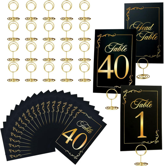 Wedding Table Numbers 1-40 and Head Table Card, Black Gold Cards with 41 Gold TableNumber Holders for Wedding Reception