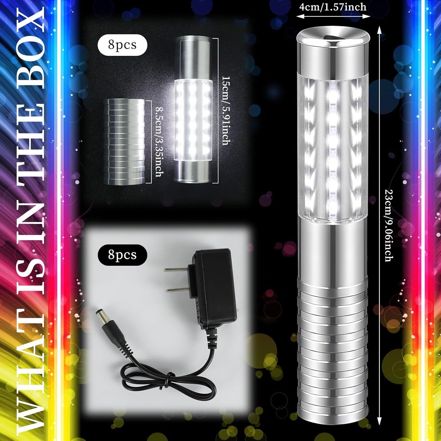 8 Pieces LED Strobe Baton Light Rechargeable Bottle Service Sparklers Stick Reusable Champagne Bottle Handheld LED for Club Stage Nightclub Party Concert Event Bar Outdoor - Silver
