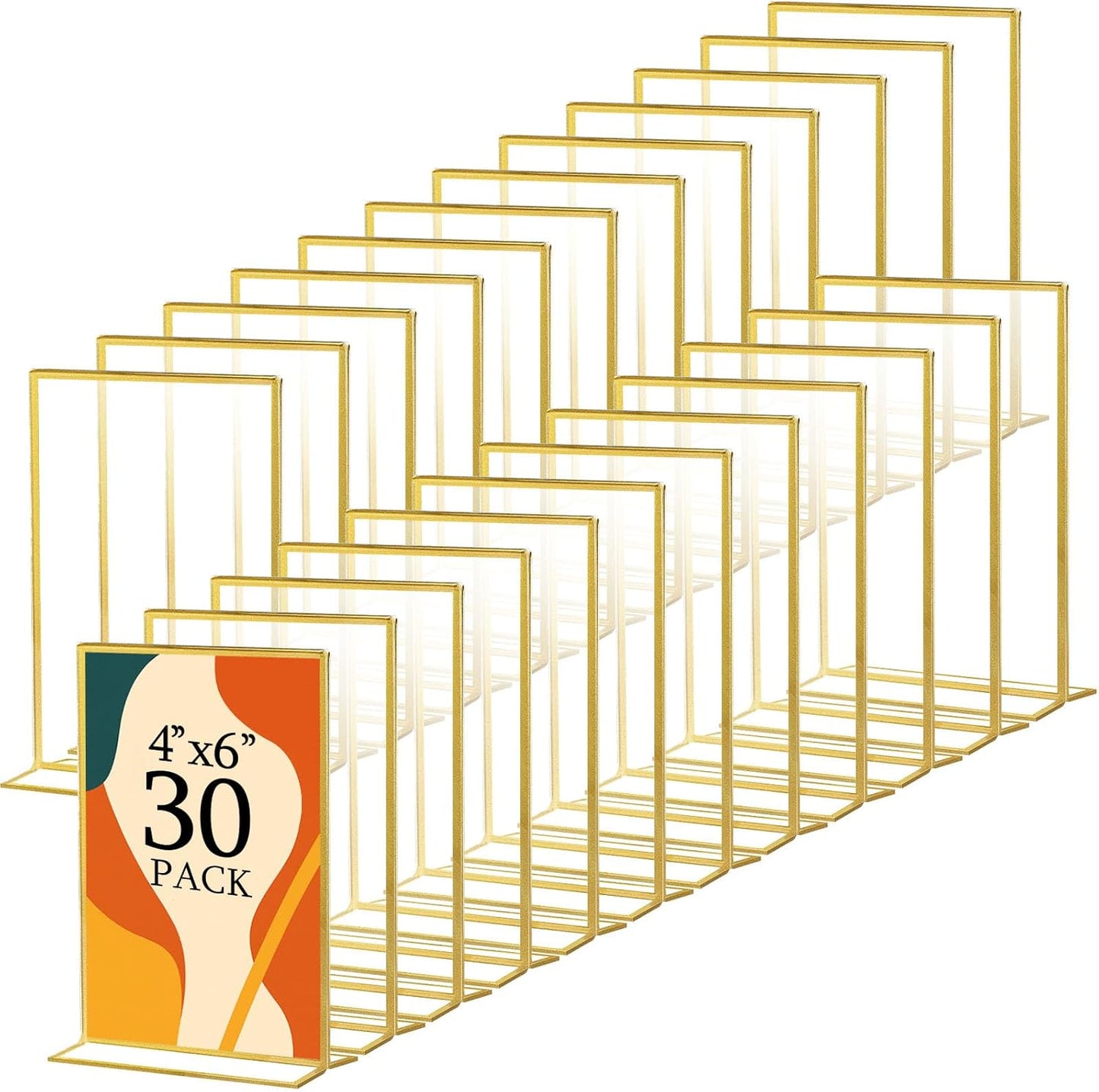 Hoteam 30 Pack 4 x 6 Clear Acrylic Sign Holder with Gold Borders, Gold Picture Frame, Double Sided Wedding Table Number, Acrylic Menu Stands for Wedding Table, Restaurant Sign, Photos