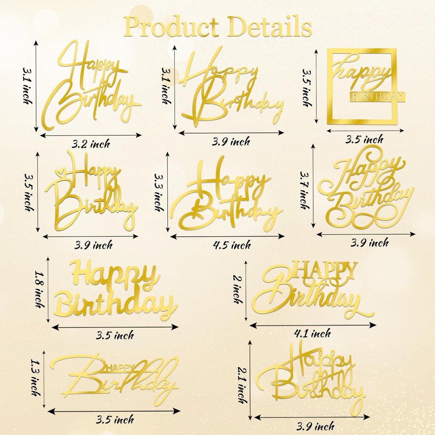 10 PCS Gold Happy Birthday Cake Topper Mirror Acrylic Cake Toppers Double-Sided Glitter Birthday Decorations for Girls Women's Party Supplies