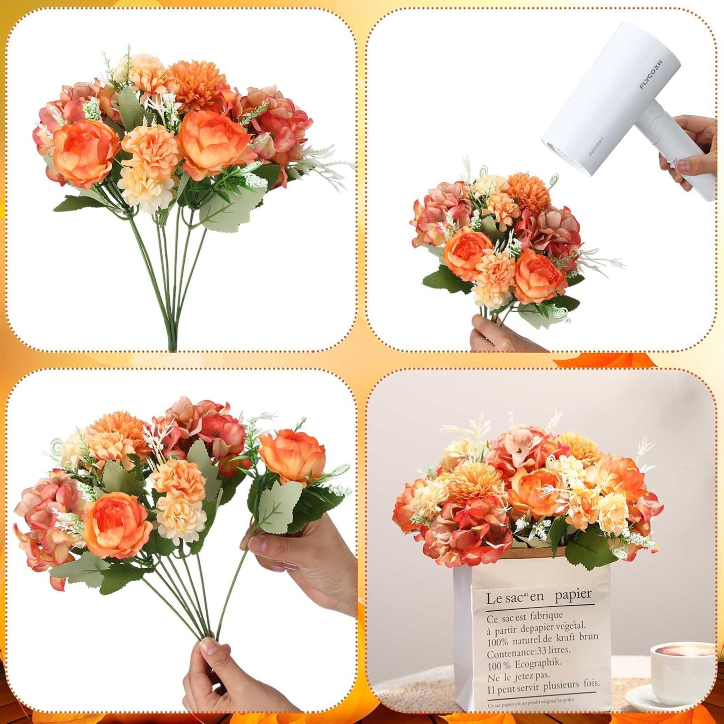 Tigeen Artificial Flowers Artificial Peonies Silk Flowers Faux Peony Fake Peony Silk Hydrangea Bouquet for Wedding Table Centerpiece Floral Vase Decor(Bright Orange,24 Bundles)