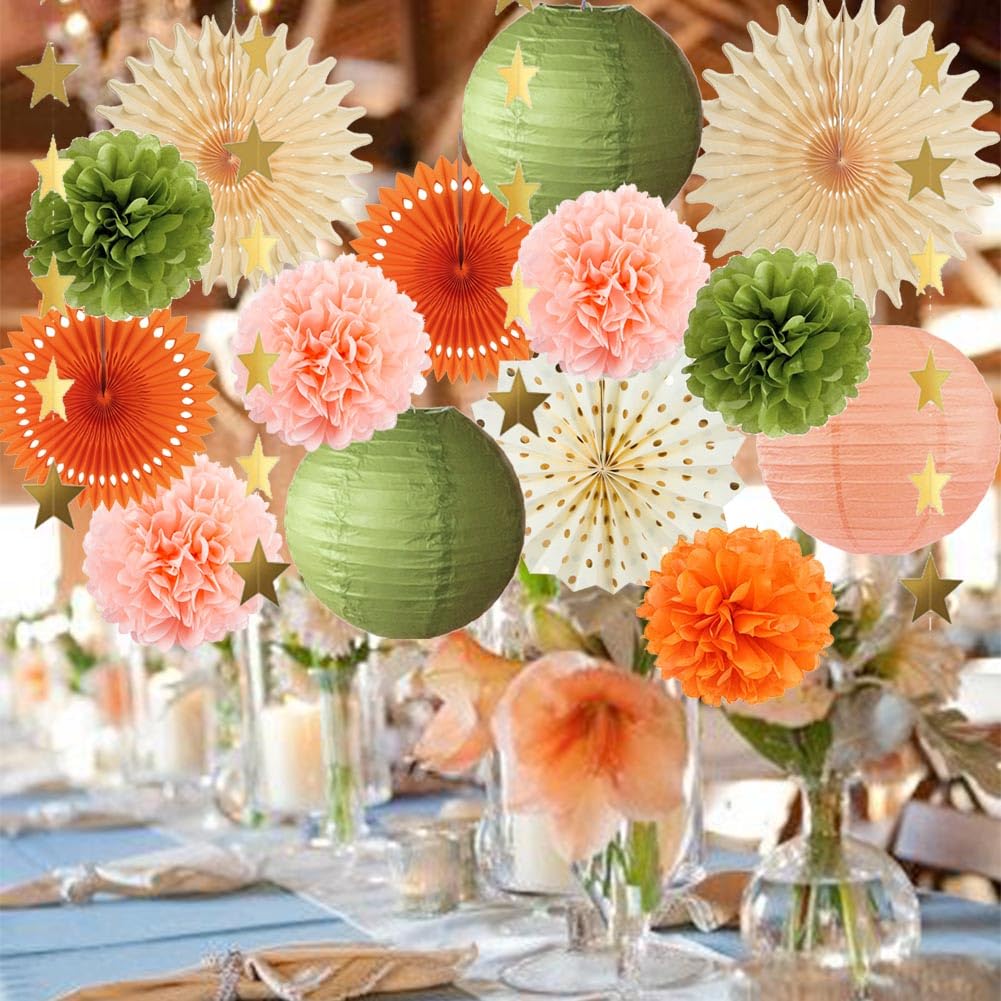Olive Green and Orange Party Decorations Olive Birthday Party Decorations Peach and Orange Poms