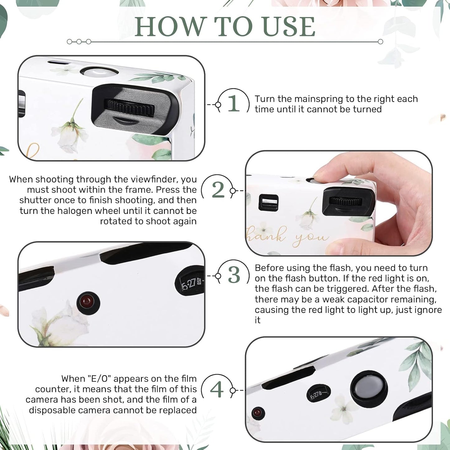 Treela 6 Pack of Disposable Camera for Wedding Bulk Bachelorette Single Use Flash 35mm Camera for Birthday Concert Travel Anniversary Party Supply Favor Vacation Gift (Eucalyptus Leaf)