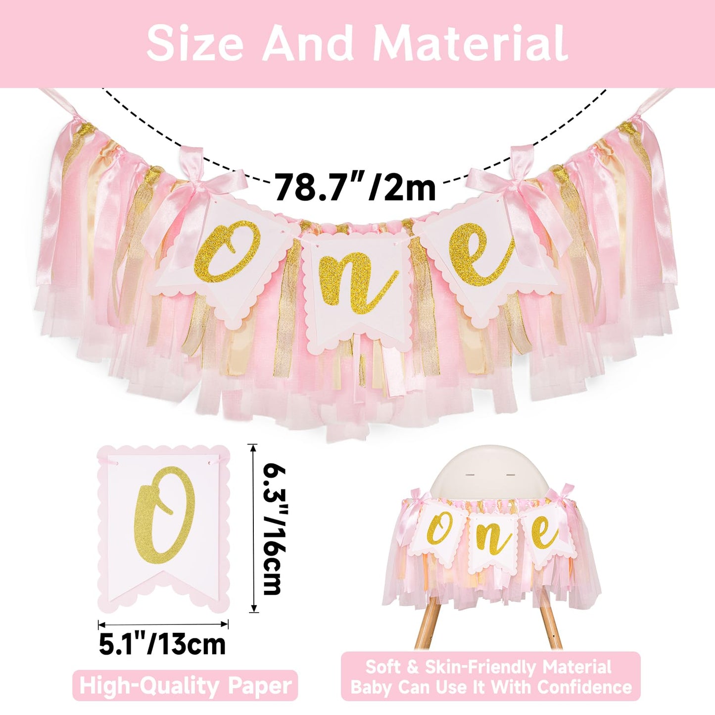1st Highchair Banner Birthday Girl - NO DIY First Birthday Highchair Banner Pink One Year Old