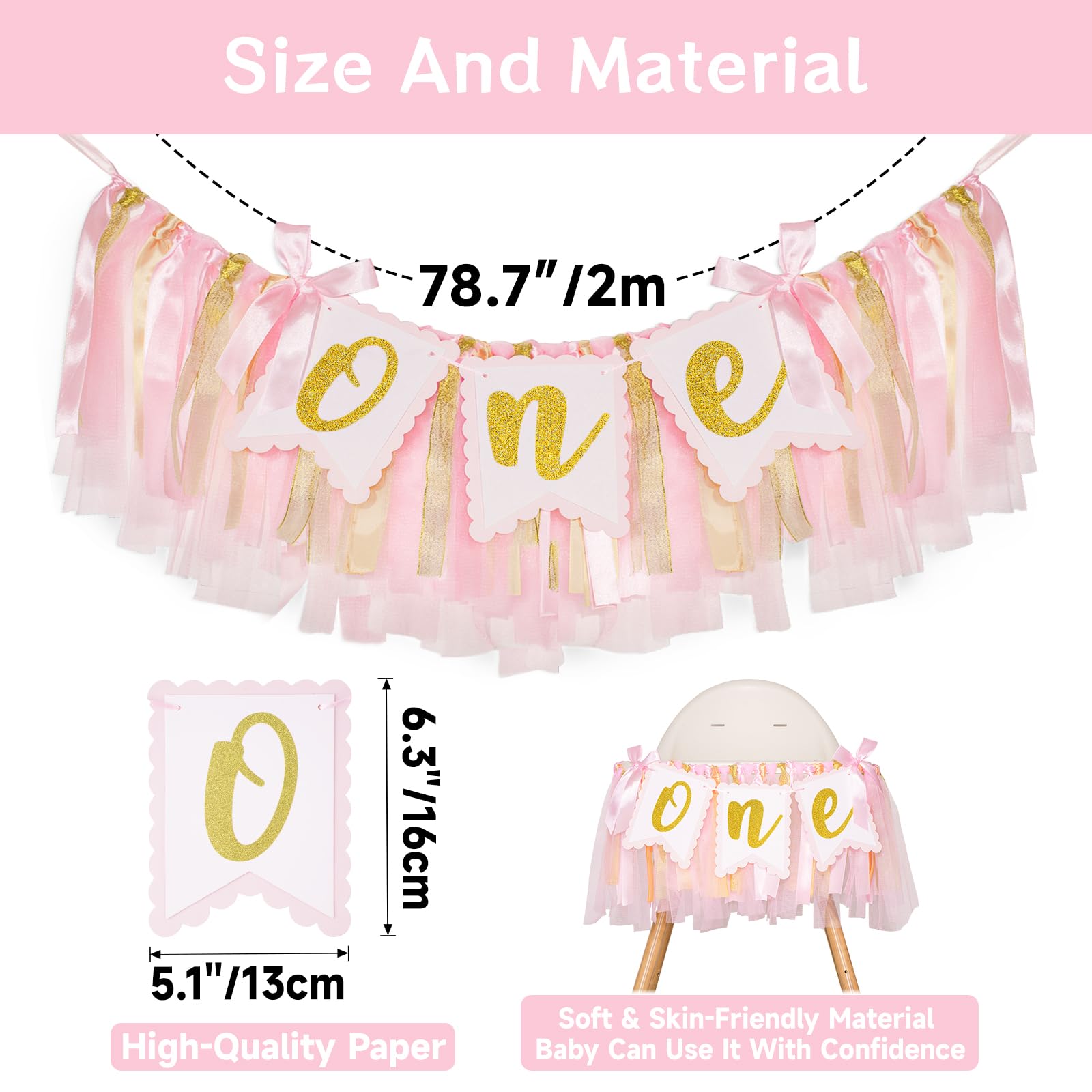 1st Highchair Banner Birthday Girl - NO DIY First Birthday Highchair Banner Pink One Year Old