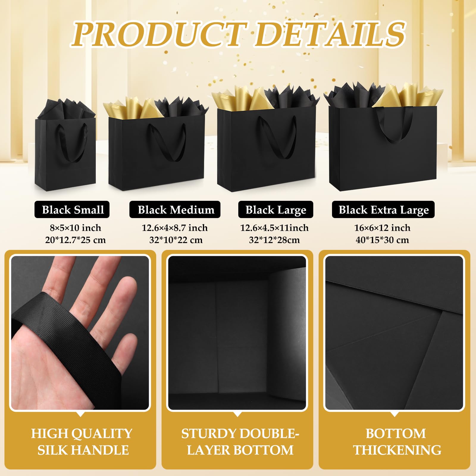 Epoesch Black Small Gift Bags with Handles and Tissue Paper, 4 Pack