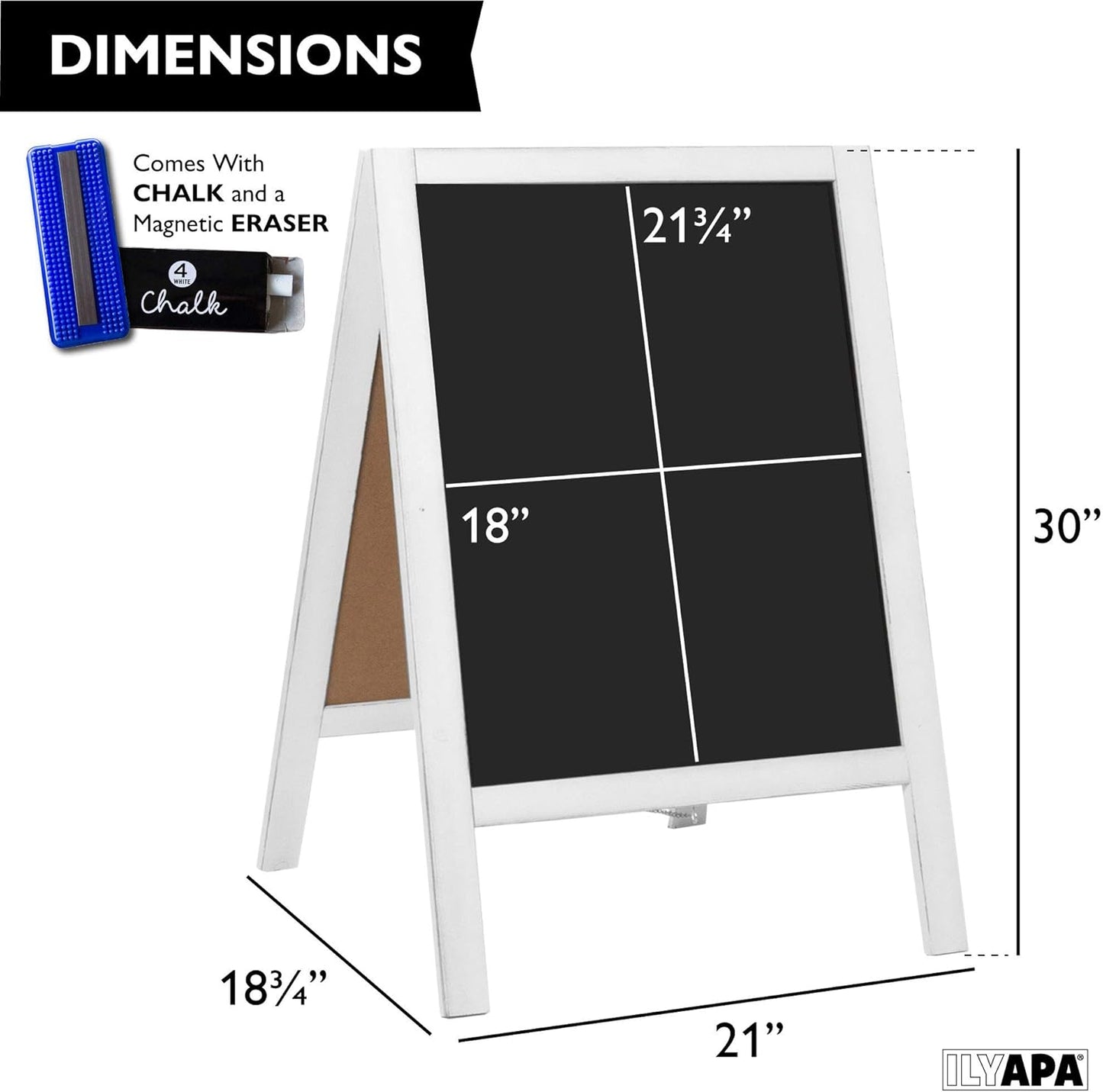 Ilyapa Wooden A-Frame Sign with Eraser & Chalk - 21 x 30 Inches Magnetic Sidewalk Chalkboard – White Menu Display for Restaurant, Business Or Wedding