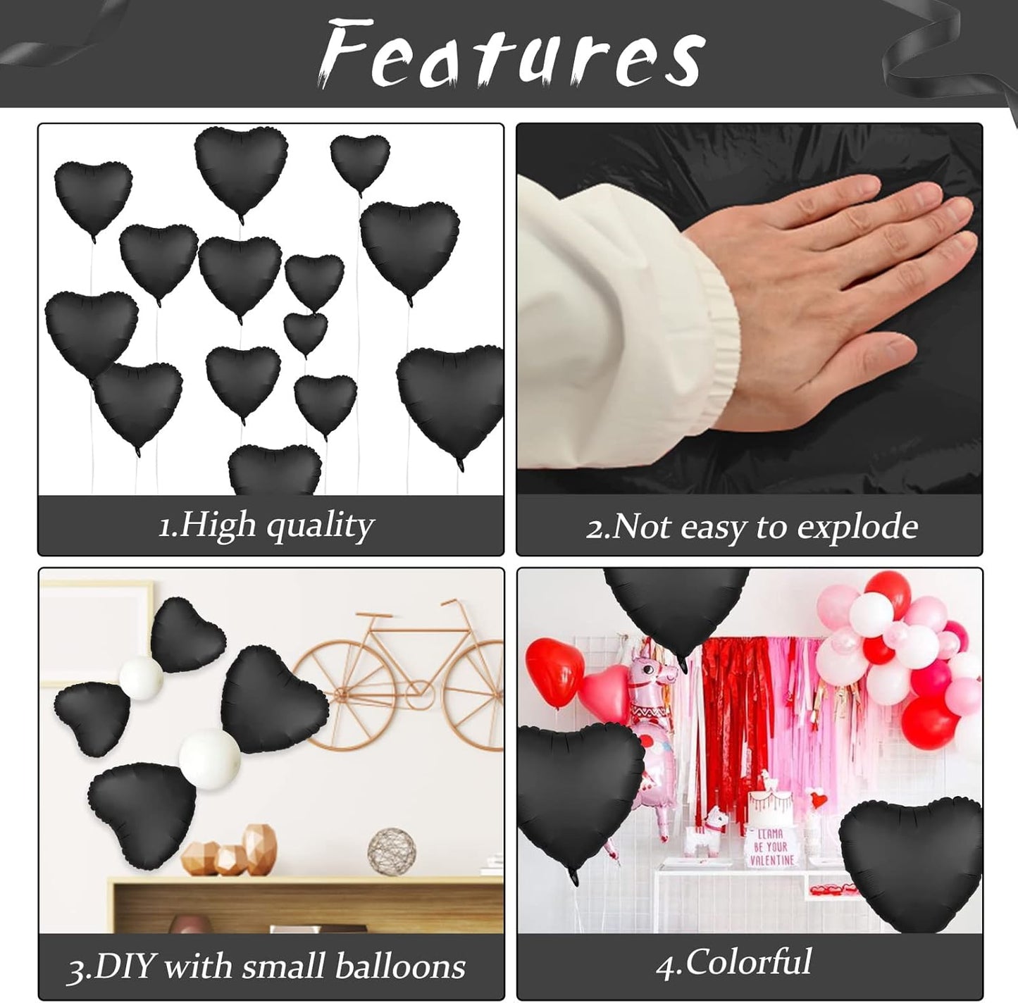 Foil Heart Balloons - 10 Black Heart Shaped Balloons, 18inch Metallic Foil for Valentines Day, Wedding, Birthday, Halloween Party