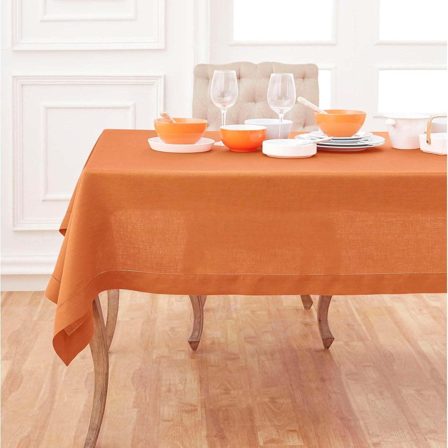 Solino Home Linen Square Tablecloth 52 x 52 Inch - 100% Pure Linen Pumpkin Table Throw - Classic Hemstitch, Machine Washable Table Cloth for Fall, Autumn, Halloween, Thanksgiving, Holiday