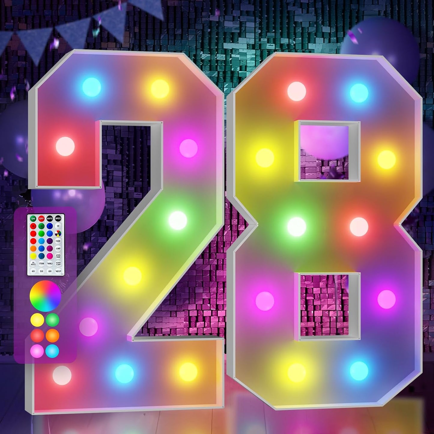 Marquee Numbers 28th-Birthday Decoration: Colorful 4FT Large Light Up 28 Year Old Birthday Decorations Anniversary Backdrop for Boys Girls Cardboard Sign 18 Colors Number 28 Mosaic Balloon Frame