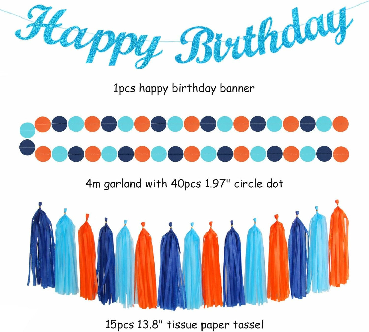 Royal-Navy Blue Orange Happy-Birthday Party-Decorations - 31pcs Men Boys Paper Lanterns Streamers Banner,Tissue Flowers Pom Poms Fans Tassels Garland Decor Backdrop Supplies Hugmoon