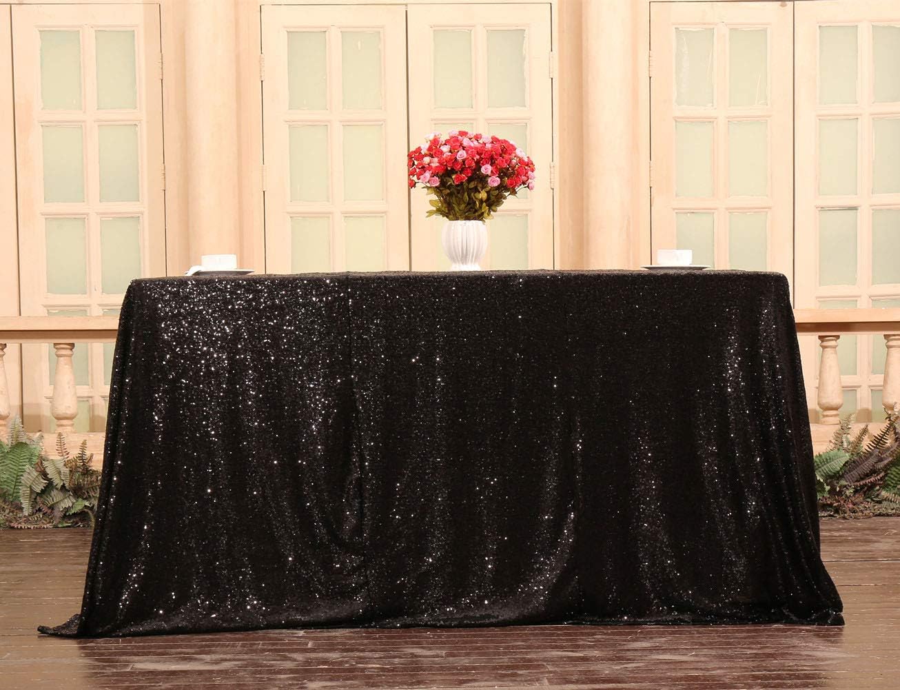 SquarePie Sequin Tablecloth 60 x 102 Inch Black Sparkly Table Cloth for Halloween Wedding Party