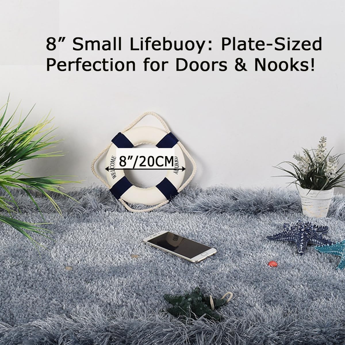 MorroMorn Lifebuoy Wall Hanging Decor - Welcome Aboard Mediterranean Style Home Decoration (Navy, 8")