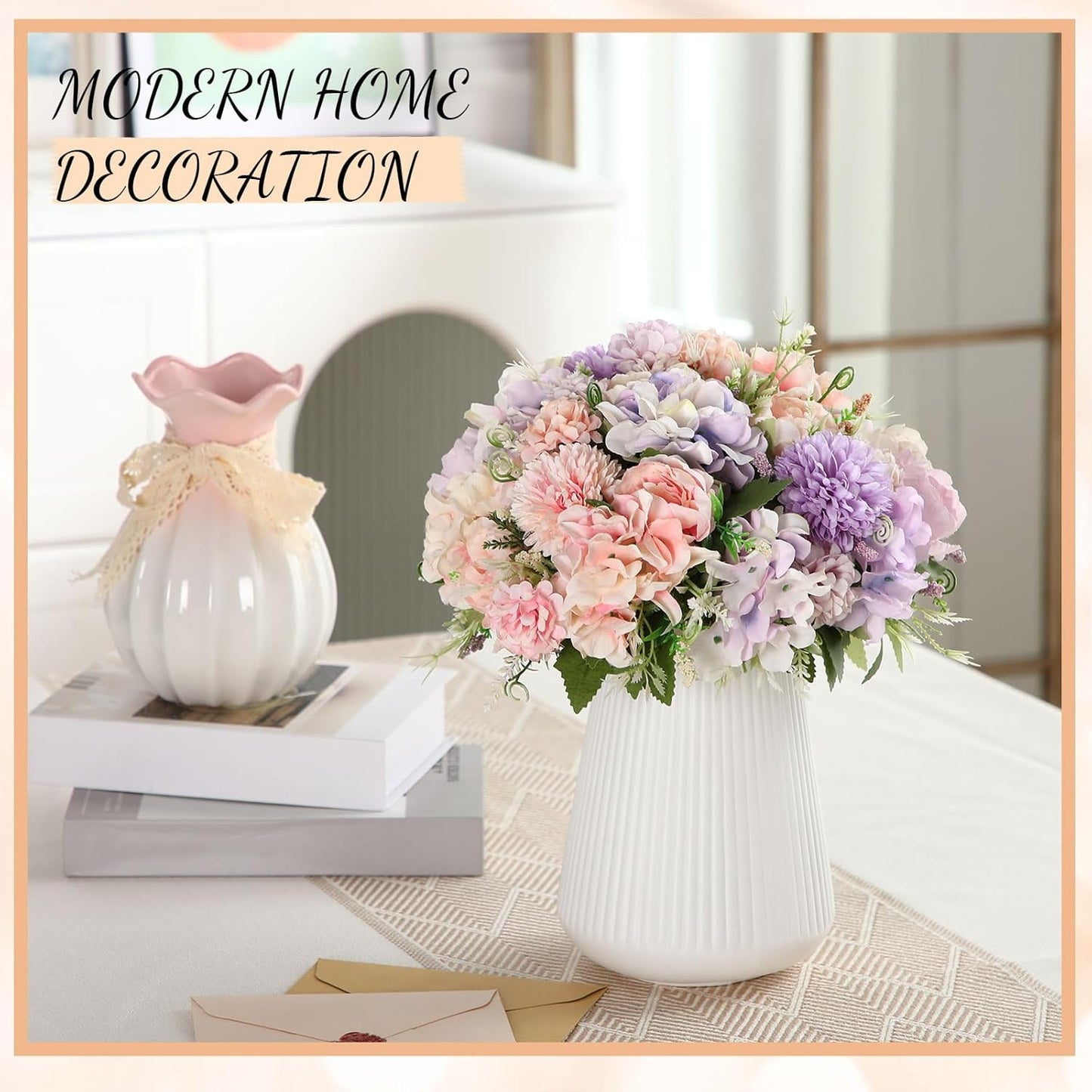 Tigeen Artificial Flowers Artificial Peonies Silk Flowers Faux Peony Fake Peony Silk Hydrangea Bouquet for Wedding Table Centerpiece Floral Vase Decor(Purple,Pink,6 Bundles)