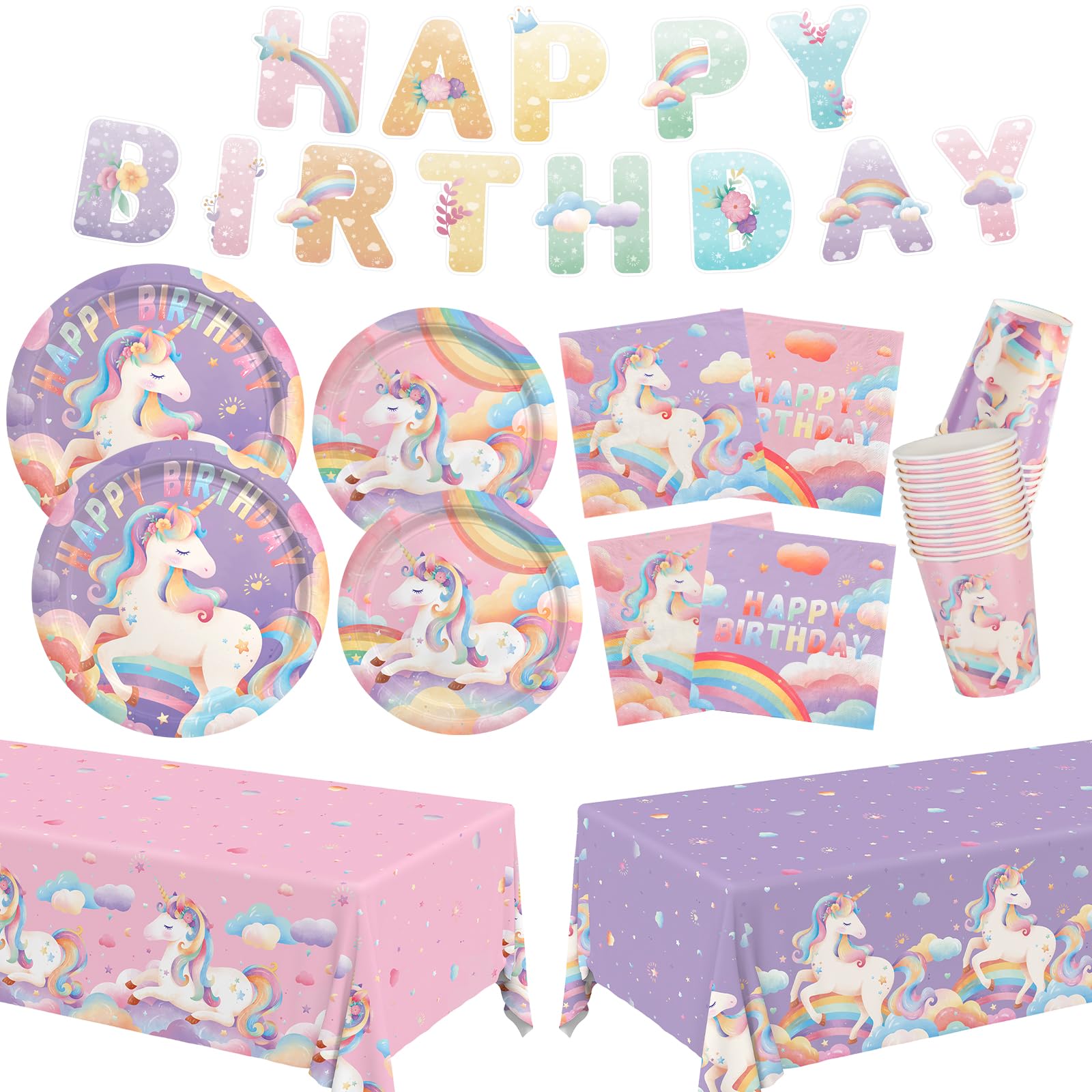 birthday Party Supplies Kit for 24 Guests - for Unicorn Birthday Decorations, Includes Dinner &