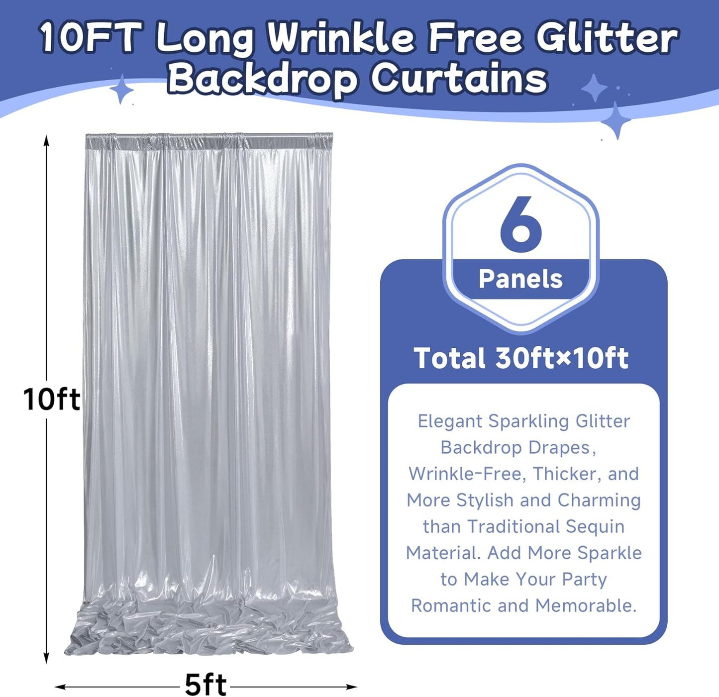 leegleri 30x10ft Thick Silver Glitter Backdrop Curtain Panels for Parties, Wrinkle Free Sequin Sparking Photo Backdrop Drapes, 6Panels 5x10ft Shimmer Back Drop Cloth for Wedding Birthday Photography