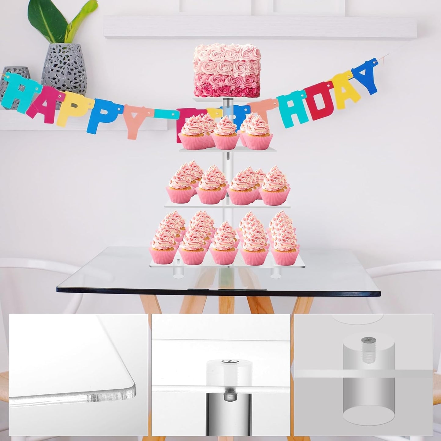 Jusalpha Large 4 Tier Cupcake Stand Square Acrylic Cupcake Tower Stand for Dessert, Pastry, Serving Platter-Candy Bar Party Décor and Supply(with Rod Feet) (4SF-V2)