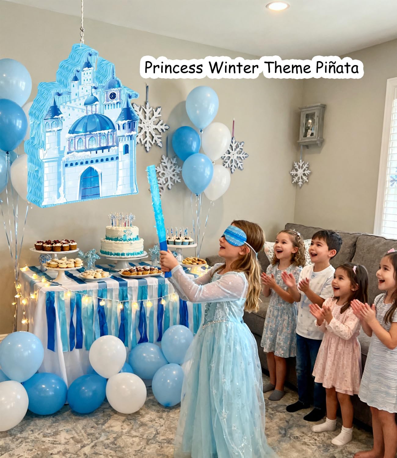 Princess Winter Pinata for Girl Birthday Party Wonderland Themed Christmas Decorations Blue Ice Castle Piñatas(Blue)
