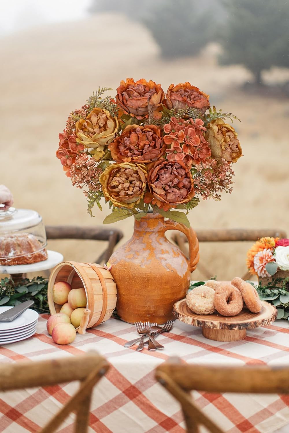 Hollyone 2Pcs Artificial Fall Flowers Bouquet 18.8" Burnt Orange Dried Peony Hydrangea Fake Fall Floral Silk Flowers Faux Flower Arrangement for Home Wedding Table Centerpiece Thanksgiving Party Decor