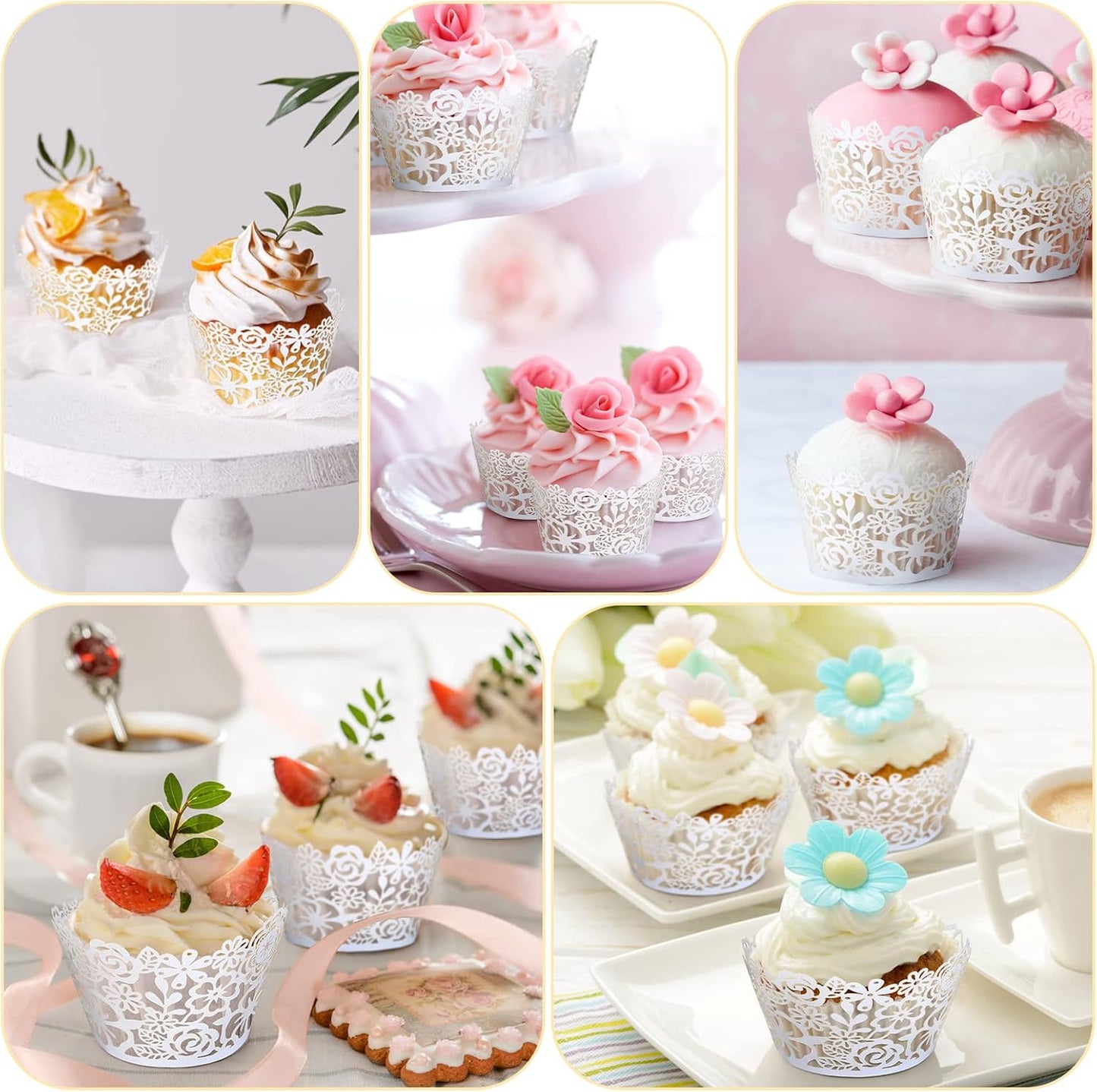 GWHOLE Cupcake Liners White Lace Cupcake Wrappers Wedding Birthday Party Holiday Favors Cupcake Tower Decoration Fancy Small Cupcake Decorating Supplies 50 pcs