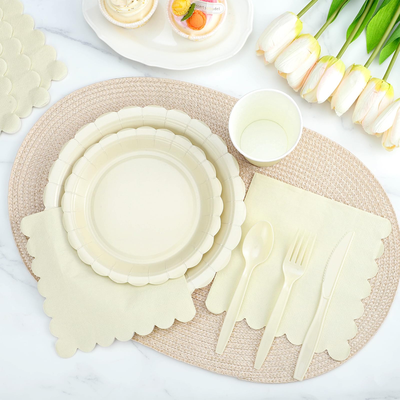 Xiangqu 25 Set Party Plates and Cups and Napkins Ivory Scalloped Dinnerware