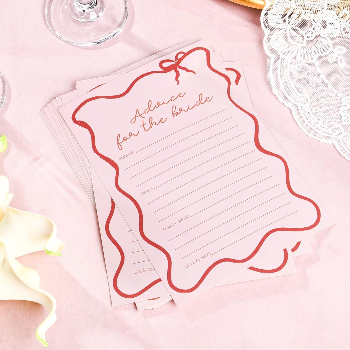 DEEKA 30 PCS Bridal Shower Games Card for 30 Guests Pink Wavy Border Ribbon Bow Funny Wedding Bachelorette Party Games for Reception (Advice for The Bride)